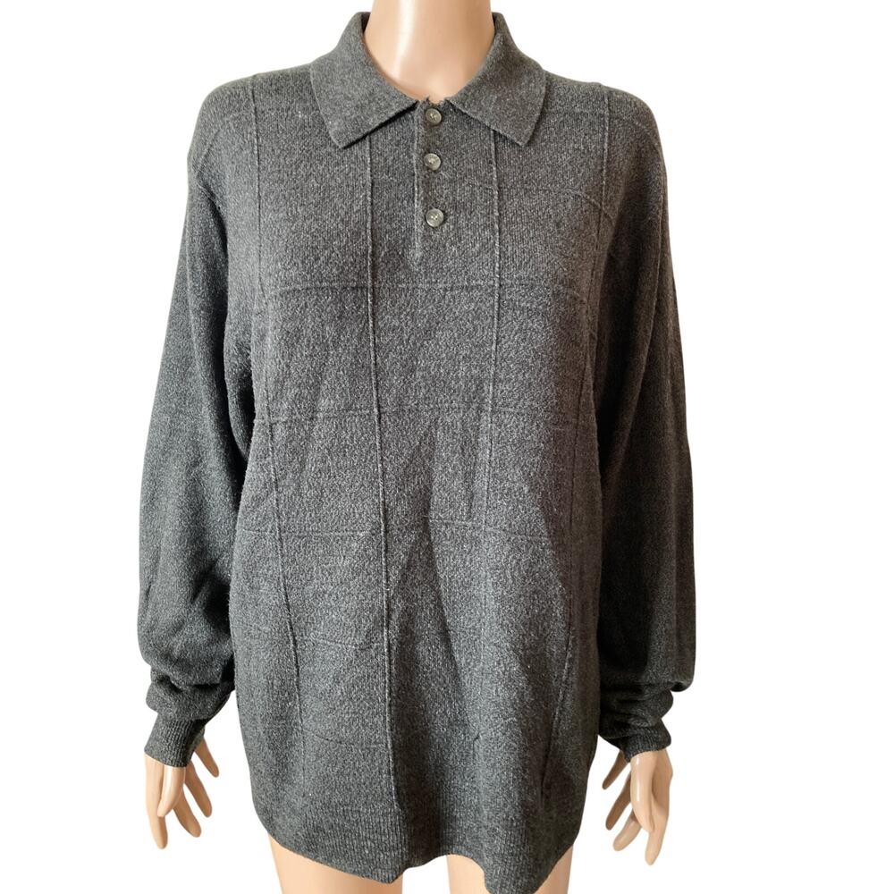 Vintage 90s Geoffrey Beene Polo Sweater Mens L Charcoal Black Textured Knit